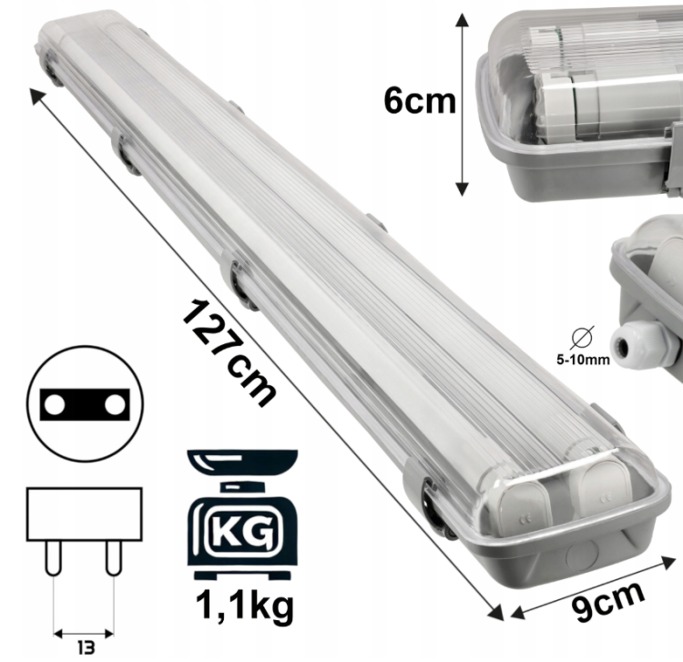 ZESTAW Oprawa Hermetyczna 120cm lampa + 2x Świetlówki LED Wodoszczelna 6000K Zimna