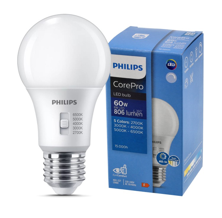 Żarówka LED E27 Ściemnialna 8W = 60W 806lm A60 5CCT Philips 2700K - 6500K