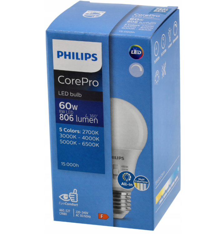 6X Żarówka LED Ściemnialna E27 8W = 60W 806lm 5CCT CorePro 2700K - 6500K