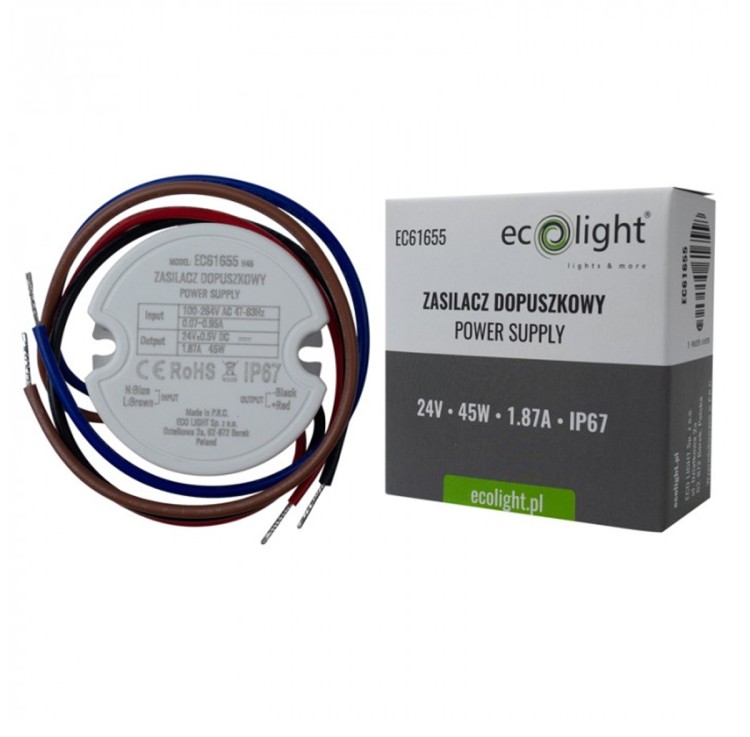 Zasilacz Do LED Dopuszkowy 24V 45W IP67 Do Puszki FI60 50x22 1.87A