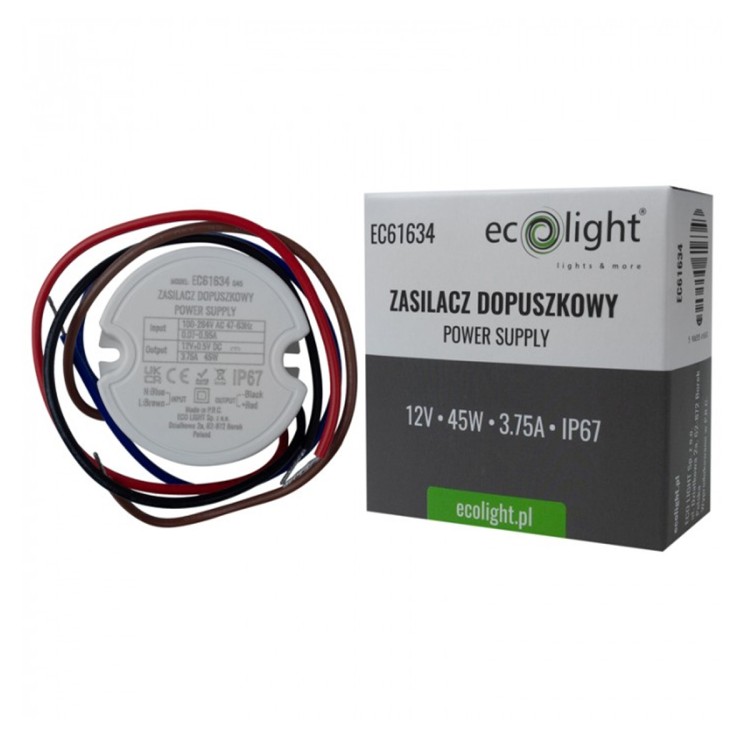 Zasilacz Do LED Dopuszkowy 12V 45W IP67 Do Puszki FI60 50x22 3,75A