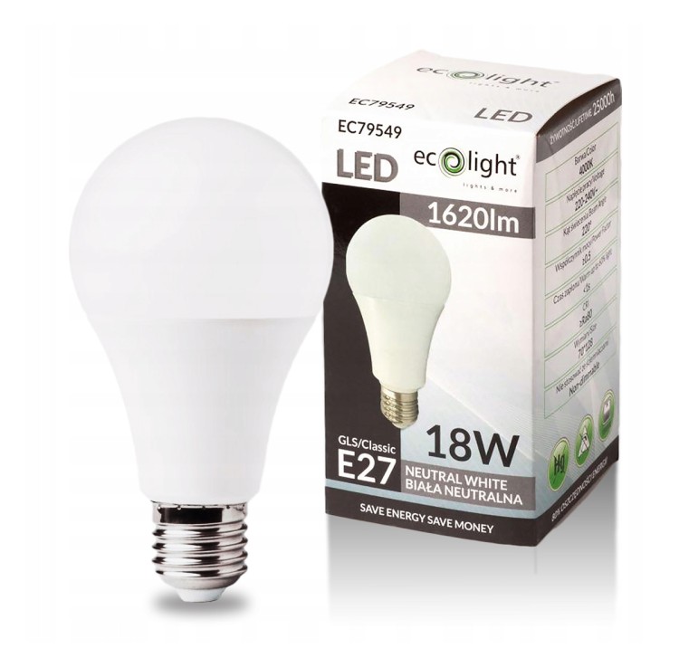 Żarówka LED E27 18W =130W SMD 180W 4000K Neutralna Premium Nie Mruga Mocna