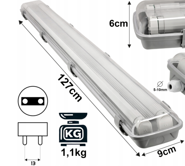 Oprawa Hermetyczna 120cm lampa + 2x Świetlówki LED Wodoszczelna 6000K Zimna