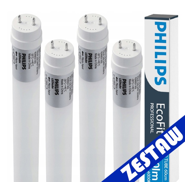 ZESTAW 4x Philips Świetlówka LED Tuba 60cm 9W = 18W 900lm 4000K 20 000h T8 EcoFit