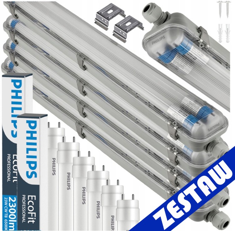 ZESTAW Philips Oprawa Hermetyczna Lampa LED 4x 150cm +8x Tuby Świetlówki 46W 6500K