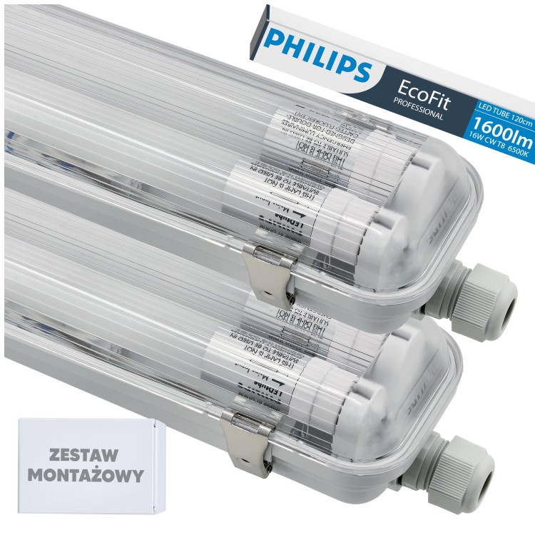 2x Oprawa Hermetyczna Philips 128cm + 4x Świetlówki LED Wodoszczelna Do Garażu