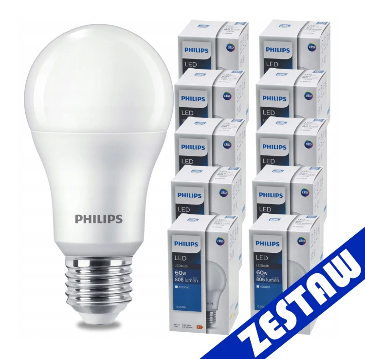 ZESTAW 10 sztuk. Żarówki LED PHILIPS E27 8W = 60W 806lm Neutralna 4000K LEDBulb