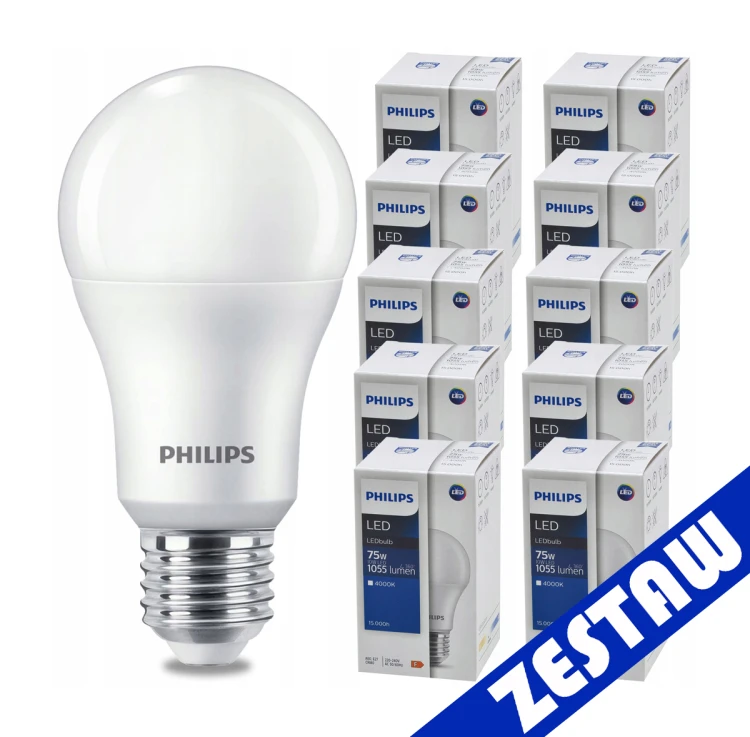 ZESTAW 10 sztuk. Żarówki PHILIPS LED E27 10W = 75W 1055lm Neutralna 4000K LEDBulb