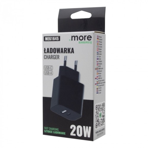 Ładowarka Sieciowa Szybka Podwójna Zasilacz 20W USB-C USB-A Kostka Czarna