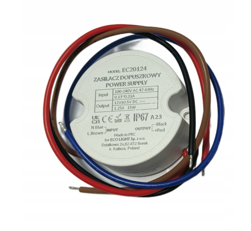 Zasilacz LED 12V DC 15W 1,25A Dopuszkowy Do Puszki FI 60 Hermetyczny IP67