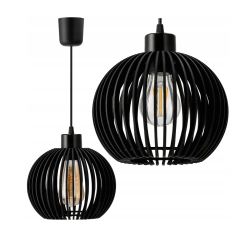 Lampa Wisząca Sufitowa Żyrandol LED E27 Drewniana Kula Gęsta Czarna
