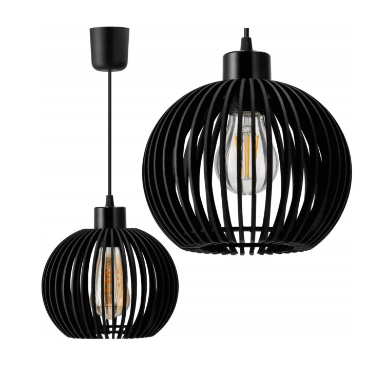 Lampa Wisząca Sufitowa Żyrandol LED E27 Drewniana Kula Gęsta Czarna