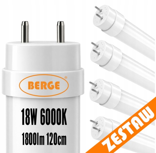 4x Tuba Świetlówka LED 120cm T8 18W = 36W 1800lm 6000K Mocne Światło Zimne