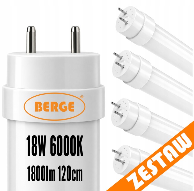 4x Tuba Świetlówka LED 120cm T8 18W = 36W 1800lm 6000K Mocne Światło Zimne
