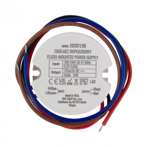 ZASILACZ LED DO PUSZKI FI60 10W 12V IP67 DO TAŚMY LED WODOSZCZENY IP67