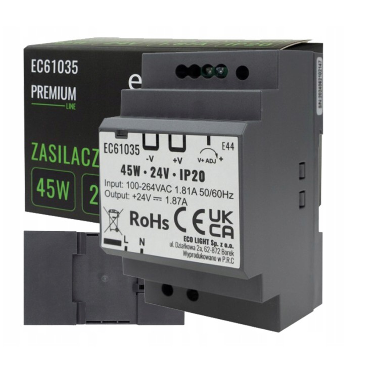 Zasilacz na szynę DIN - 24V 45W 1,87A do taśmy LED IP20 PREMIUM