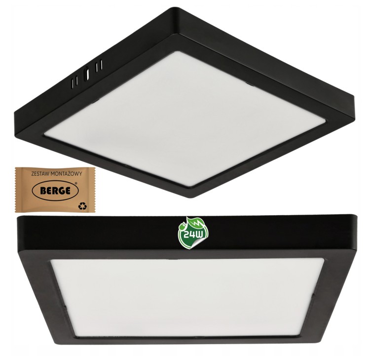 Plafon LED Lampa Sufitowa Natynkowa 24W 2640lm 4000K Czarna Kwadrat