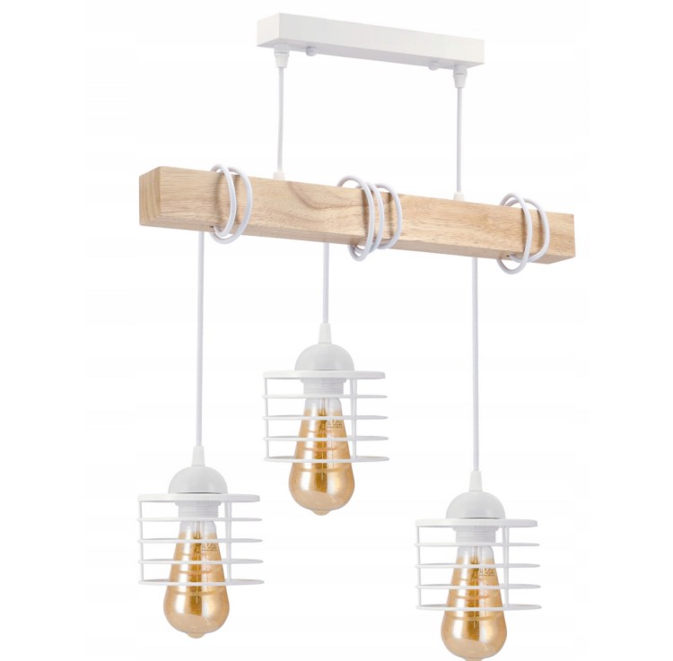 Lampa sufitowa wisząca LED drewniana belka 3xE27 sprężyna biała