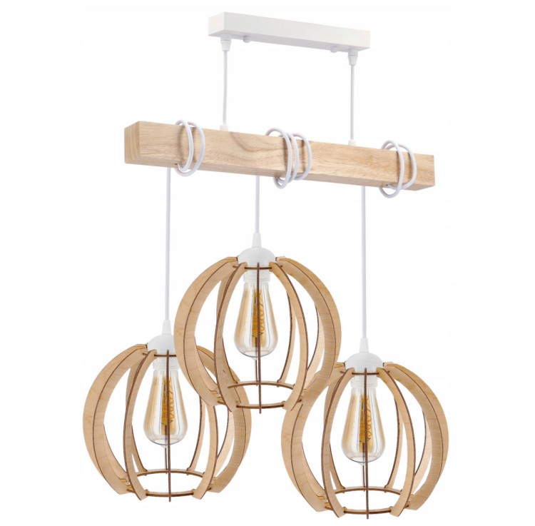 Lampa sufitowa wisząca LED drewniana biała 3xE27 rzadka kula