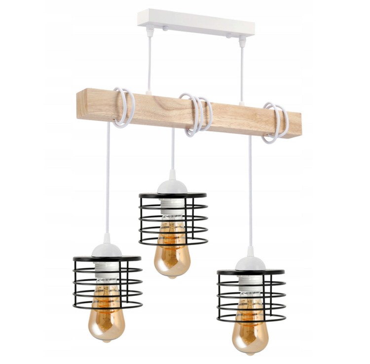 Lampa sufitowa wisząca LED drewniana biała 3xE27 loft sprężyna