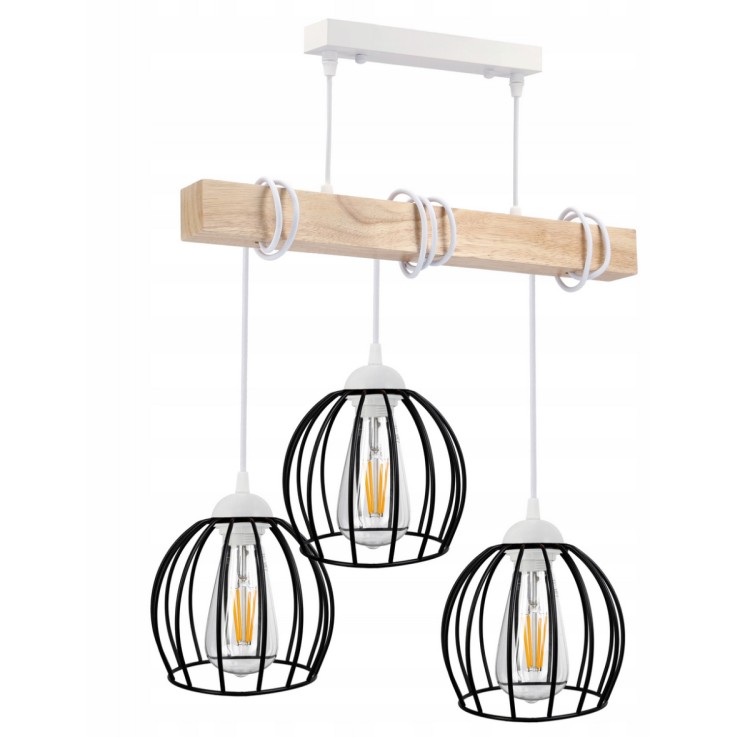 Lampa sufitowa wisząca LED drewniana biała 3xE27 kula druciana