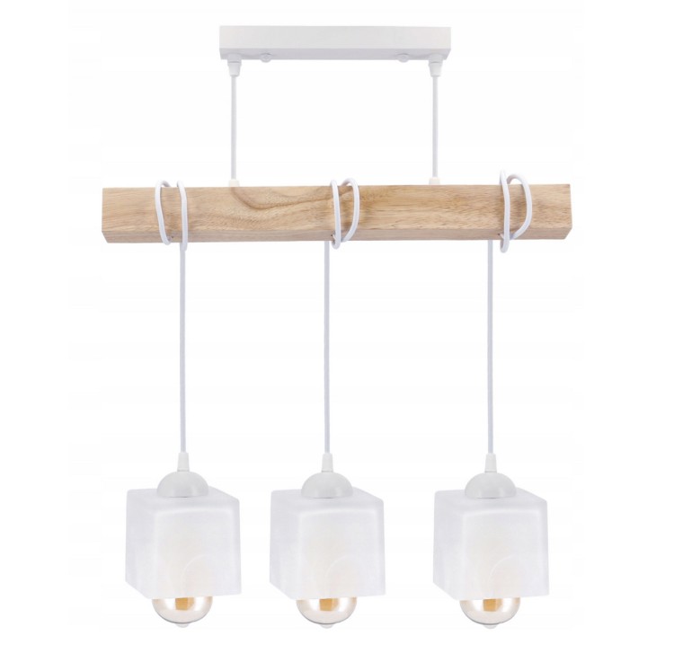 Lampa sufitowa wisząca LED drewniana belka 3xE27 loft kostka mleczna -biała