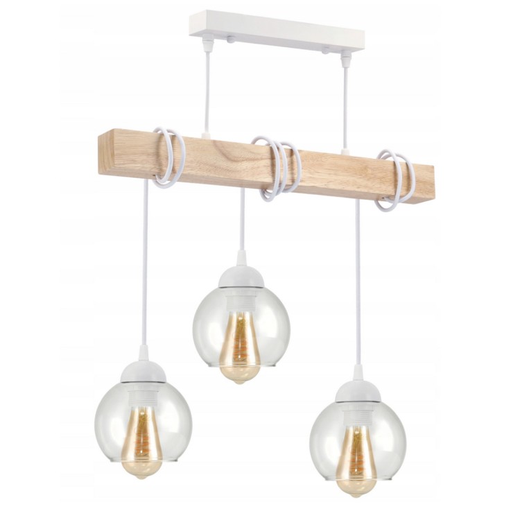 Lampa sufitowa wisząca LED drewniana belka 3xE27 Żyrandol Kula bezbarwna - biała