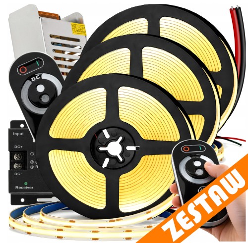 Taśma LED 15m COB Neon 12V 180W MOCNE JASNE ŚWIATŁO ZASILACZ PILOT ZESTAW