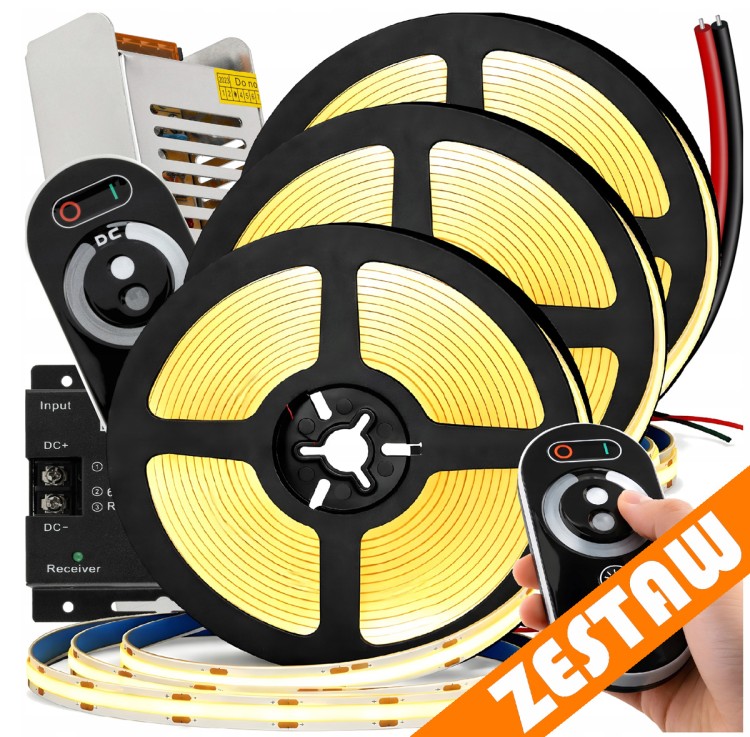 Taśma LED 15m COB Neon 12V 180W MOCNE JASNE ŚWIATŁO ZASILACZ PILOT ZESTAW
