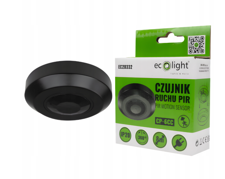 Czujnik Ruchu PIR Na Podczerwień Czarny Okrągły Sufitowy Regulowany 360 °