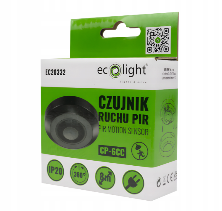 Czujnik Ruchu PIR Na Podczerwień Czarny Okrągły Sufitowy Regulowany 360 °