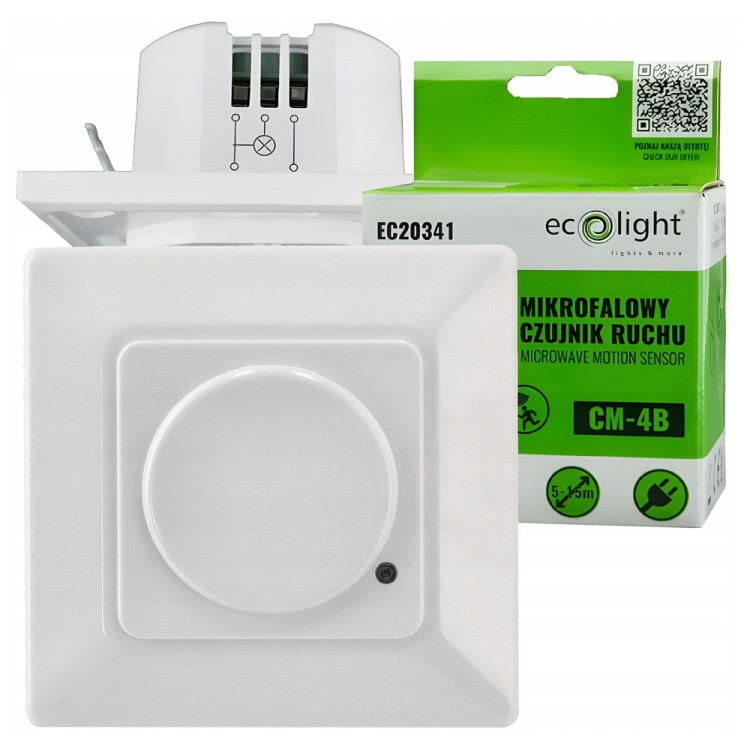 Czujnik Ruchu Mikrofalowy Wpuszczany 180° Biały Max 600W Czujka LED 230V