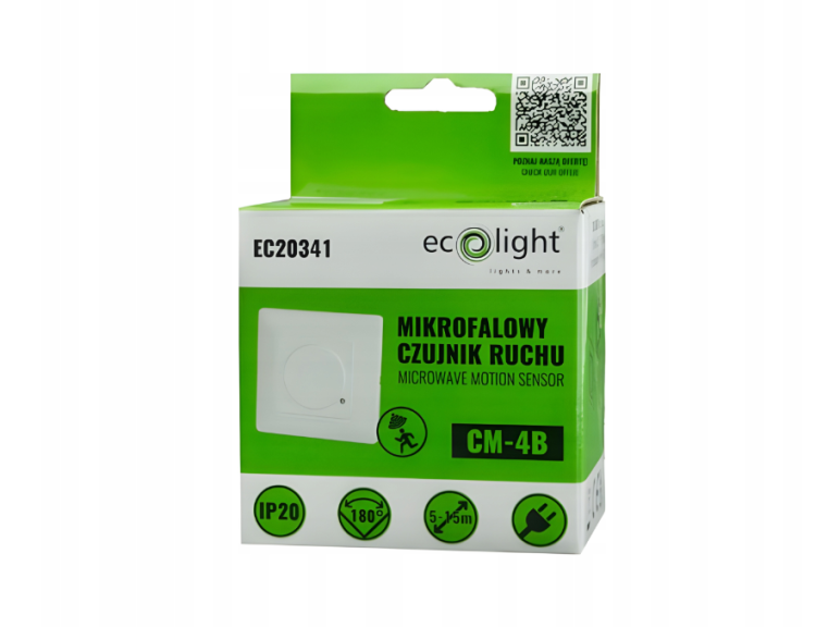 Czujnik Ruchu Mikrofalowy Wpuszczany 180° Biały Max 600W Czujka LED 230V