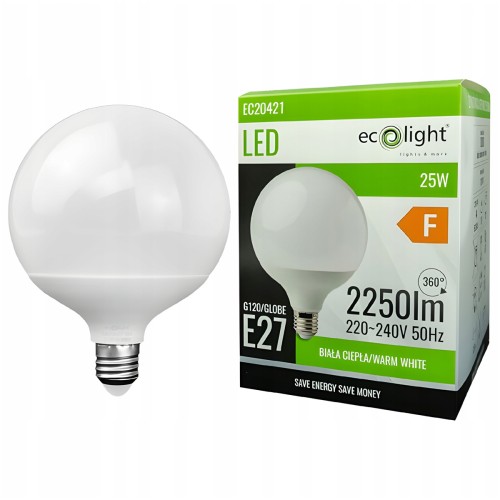 Żarówka E27 25W 2250lm 3000K Wielka Kula Mocne Światło Ciepłe GLOBE G120