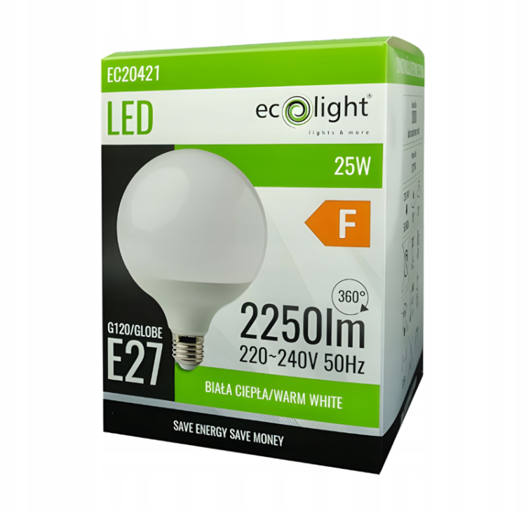 Żarówka E27 25W 2250lm 3000K Wielka Kula Mocne Światło Ciepłe GLOBE G120