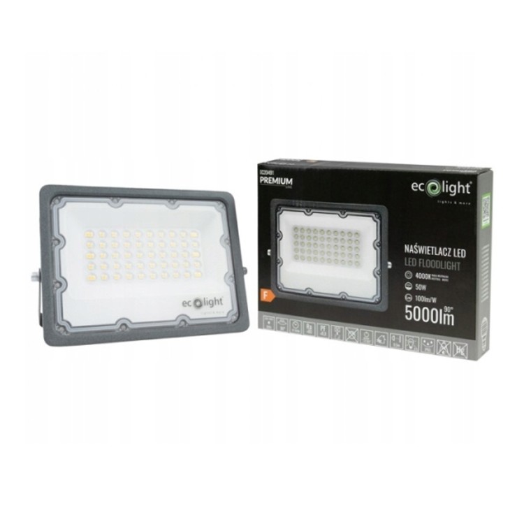 HALOGEN NAŚWIETLACZ LED NEUTRALNY 50W 4000K 5000LM CZARNY ECOLIGHT IP65