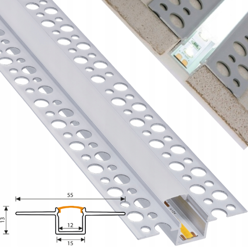 Profil LED Aluminiowy 2m Podtynkowy 12mm Do GK Karton Gips Płytek Zestaw