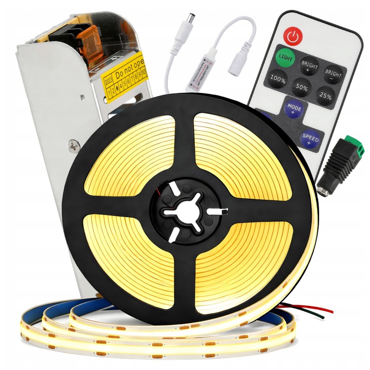 Zestaw Taśma LED COB 12V 5m Neon 4000K NEUTRALNA ZASILACZ 60W PILOT STEROWNIK