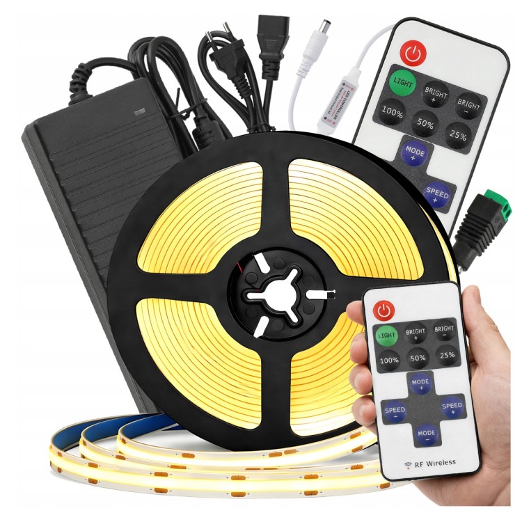 Zestaw Taśma COB LED 12V 5m ZASILACZ 60W PILOT STEROWNIK ŚCIEMNIACZ PODSZAFKOWY