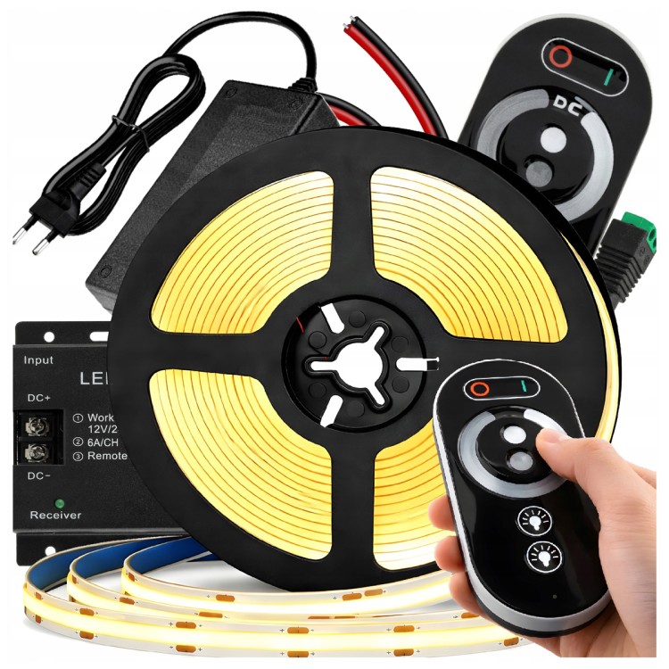 Zestaw Taśma LED COB Neon 12V 5m 320 diod 60W JASNE ŚWIATŁO 8mm PILOT