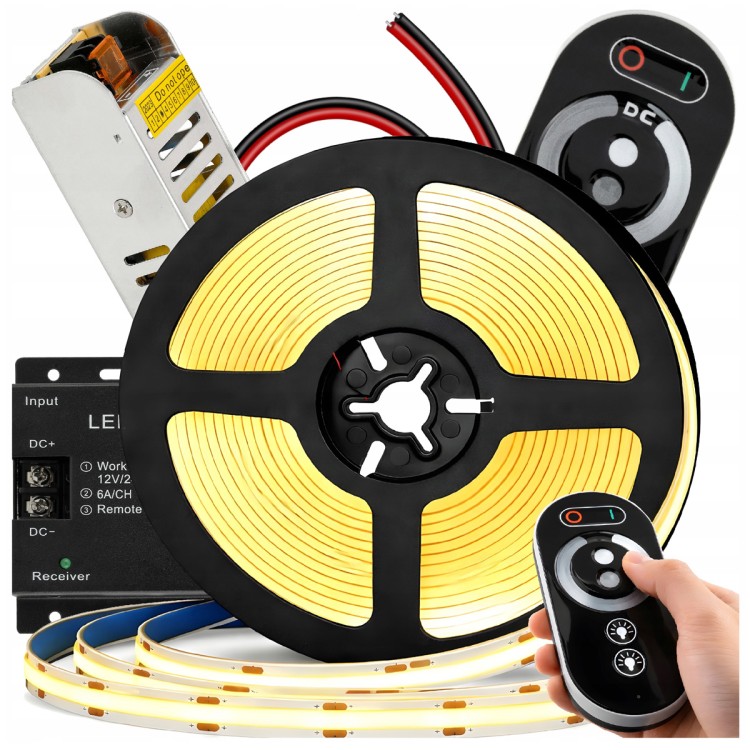 Zestaw Taśma LED Neon COB 12V 5m 4000K BIAŁA NEUTRALNA ZASILACZ 60W PILOT