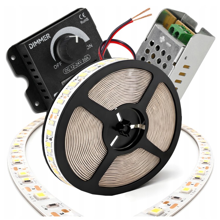 Zestaw Taśma LED SMD 24W 5m 1500LM LEKKIE JASNE ŚWIATŁO ZASILACZ ŚCIEMNIACZ