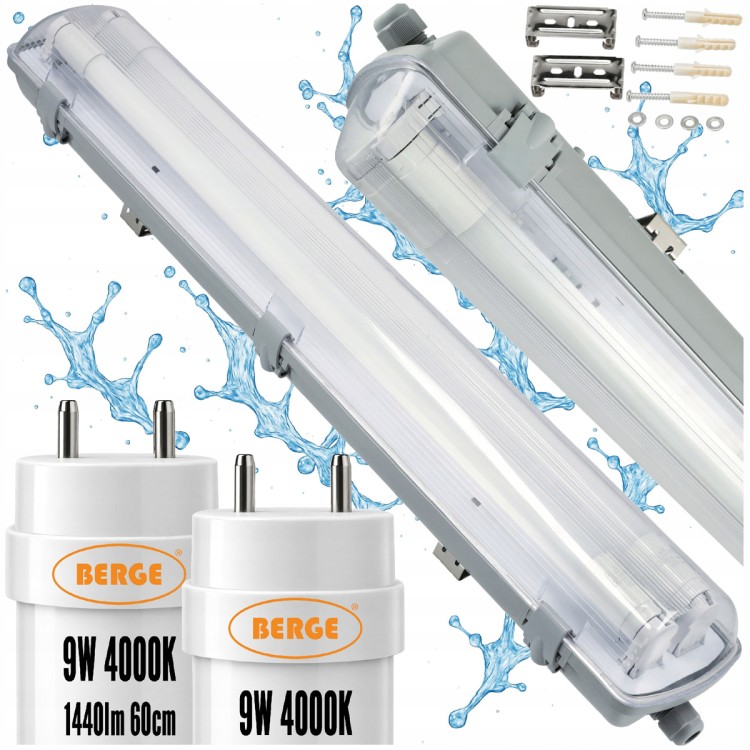 ZESTAW Lampa LED Oprawa Hermetyczna 60cm 18W 2880lm 4000K Do Garażu Z Blachą
