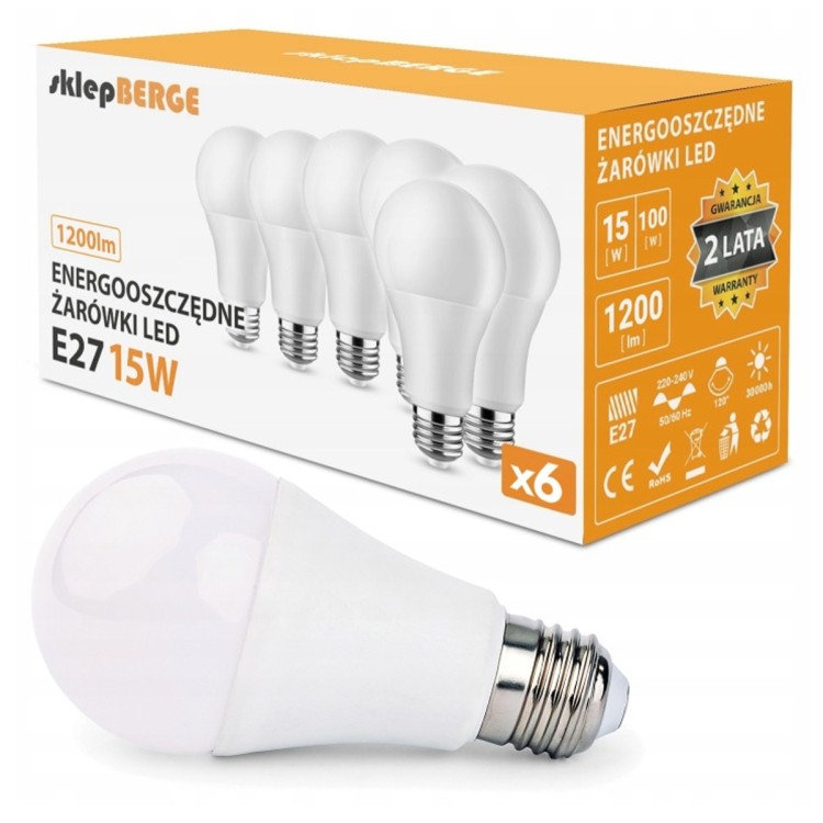 ZESTAW 6x Żarówka LED E27 A60 15W 1200lm 3000K Energooszczędna LEDOWA BERGE