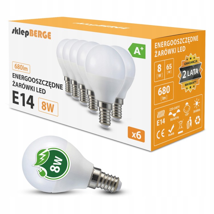 ZESTAW 6x Żarówka LED E14 8W = 70W 700lm 3 BARWY G45 Kulka Wydajne Światło LEDOWE