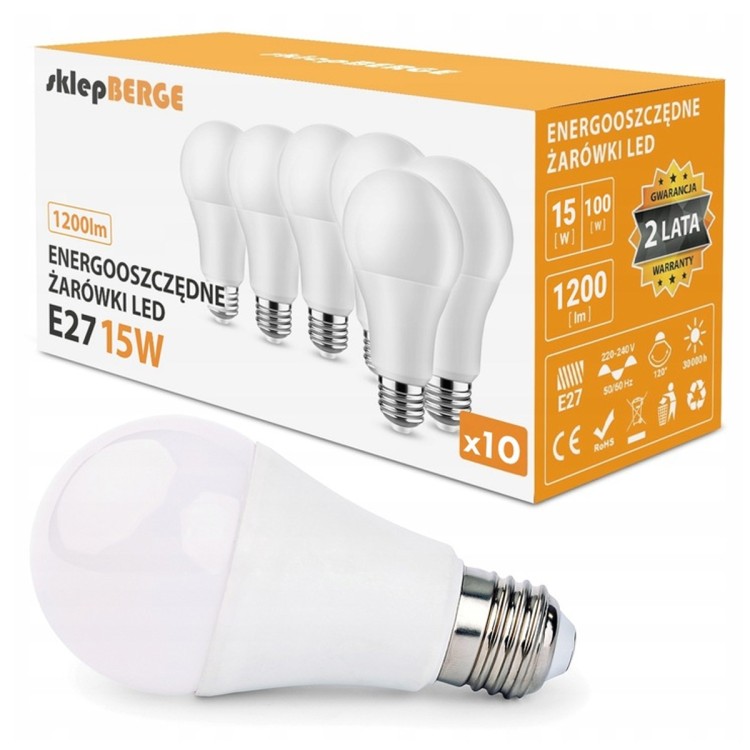 ZESTAW 10x Żarówka LED E27 A60 15W 1200lm 3000K Energooszczędna LEDOWA BERGE