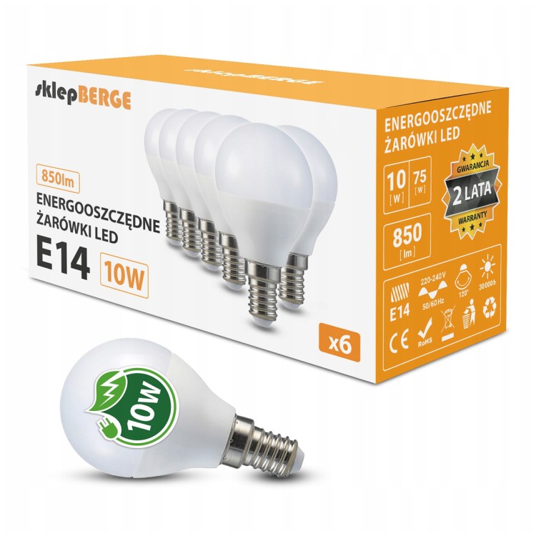 ZESTAW 6x Żarówka LED E14 G45 10W = 95W 830lm Barwa Ciepła 3000K LEDOWA BERGE