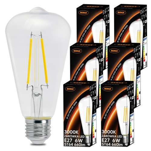 6x Żarówka LED E27 Filament ST64 8W 110lm/W 3000K