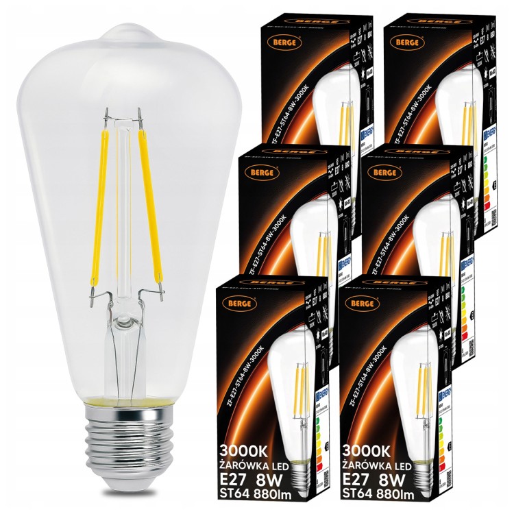 6x Żarówka LED E27 Filament ST64 6W 110lm/W 3000K