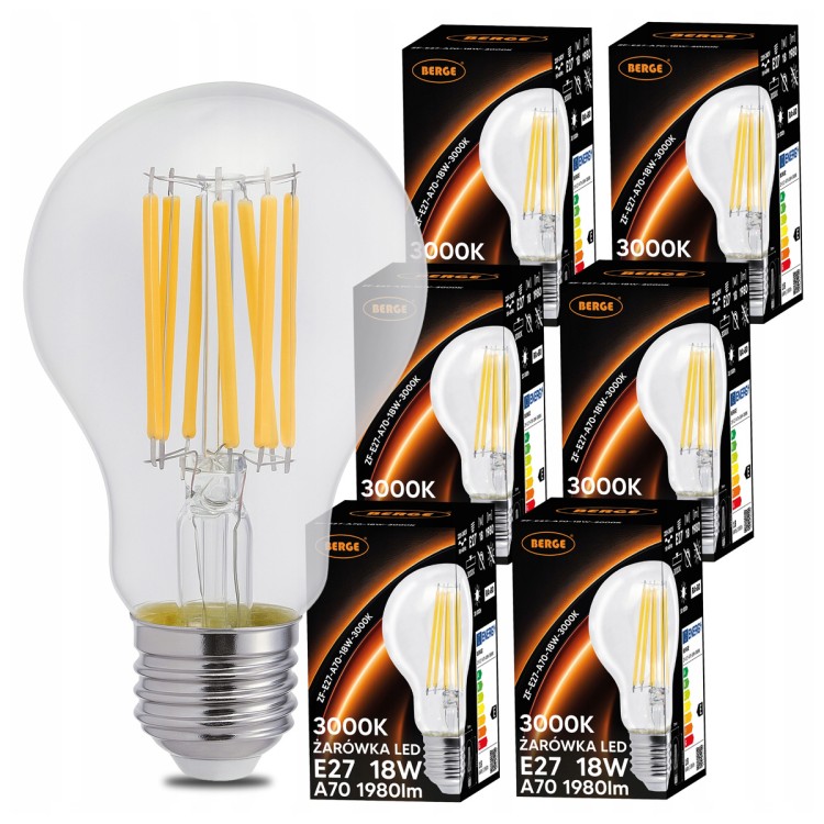 6x Żarówka LED E27 Filament 18W 110lm/W 3000K